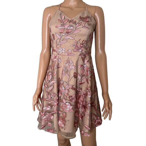 Women’s Beige Pink Floral Embroidered Mesh A-Line Cocktail Party Dress Sz 4 - Picture 2 of 10